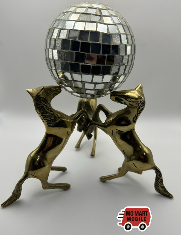 Vintage Brass 3 Rearing Horses Pedestal Stand Holder W/ Disco Ball Orb Statue