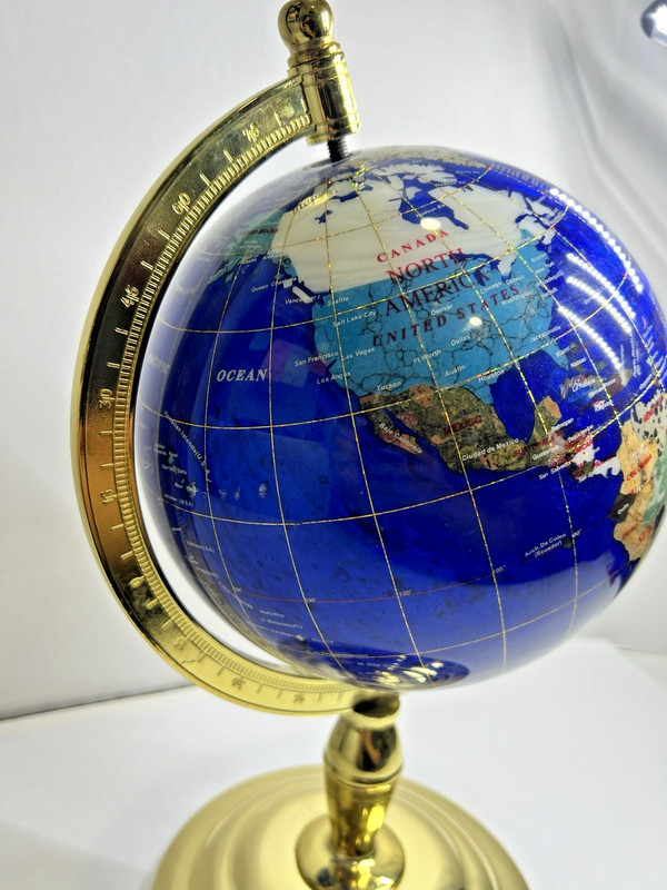 Large Blue Lapis Gemstone World Globe 16" Tall Brass Stand gallery