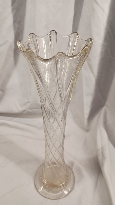 Vintage Dugan Style Glass Spiralex Twisted Ribbed Clear Vase 12 Inch Tall gallery