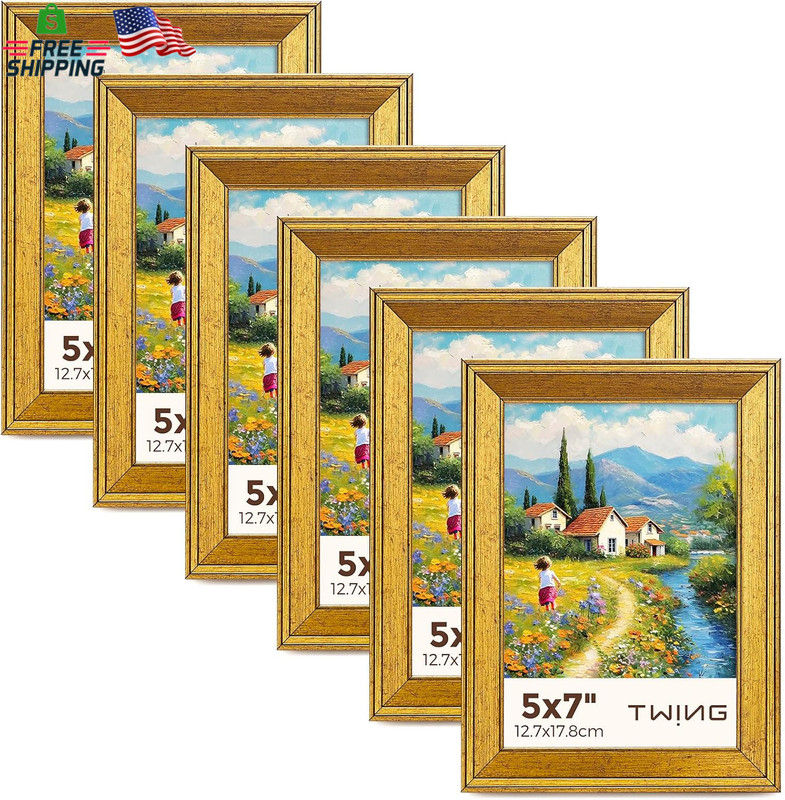 TWING 5X7 Gold Picture Frames Set of 6,Rustic Gold Frames Display Pictures 4X6 w