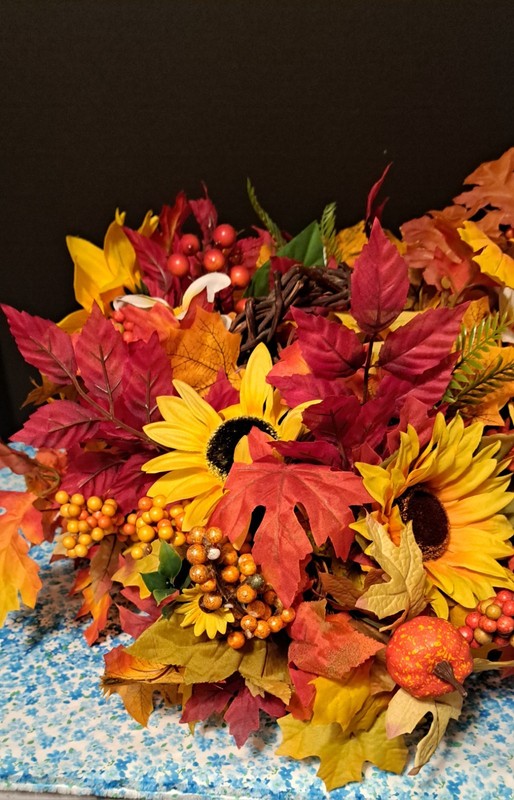 Fall Bouquet In Grapevine Basket Silk flowers Leaves And Berries 17″ X 18″ X 10″