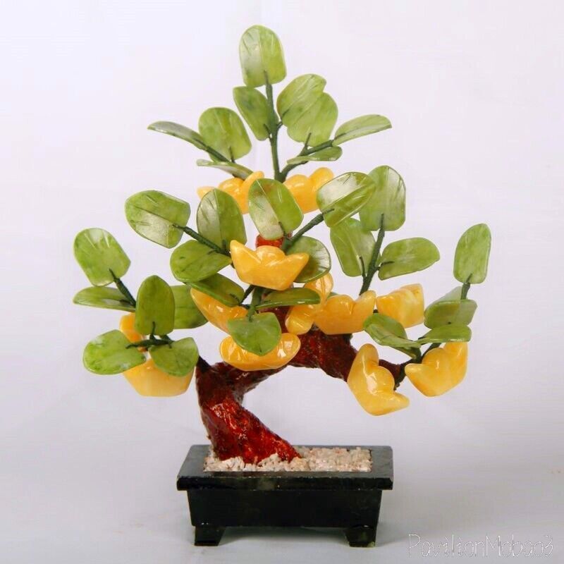 Chinese Jade Stone Ingot Money Tree Bonsai Hardstone Gemstone Feng Shui Decor