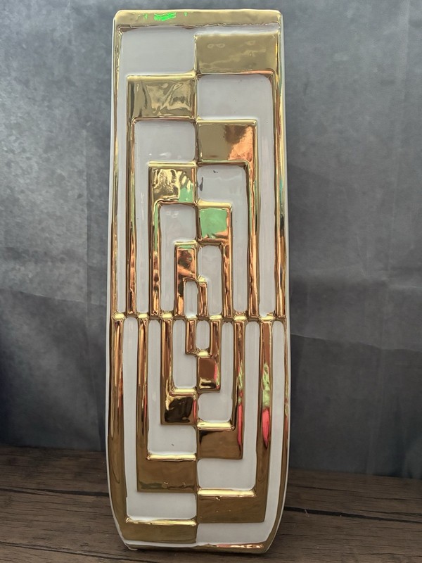 Ceramic Geometric White And Gold Floor Vase 15” Tall
