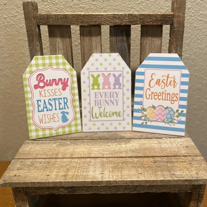 Easter Decor Set Of 3, Easter Greetings Sign, Bunny Kisses Easter Wishes Sign gallery