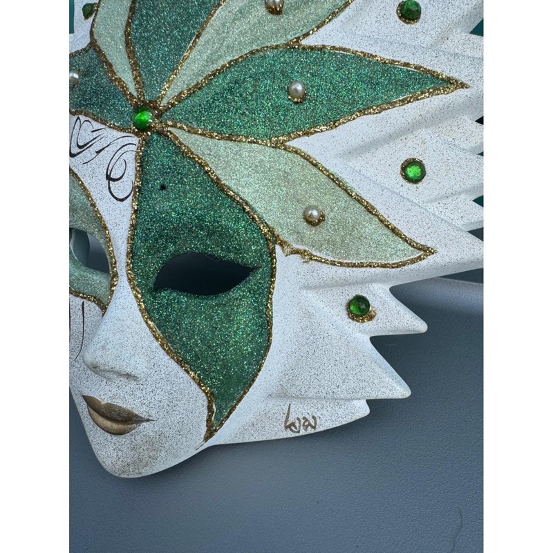 F.lli Motta Italian Ceramic Wall Masks Set of 2 Green Gold Glitter Masquerade gallery