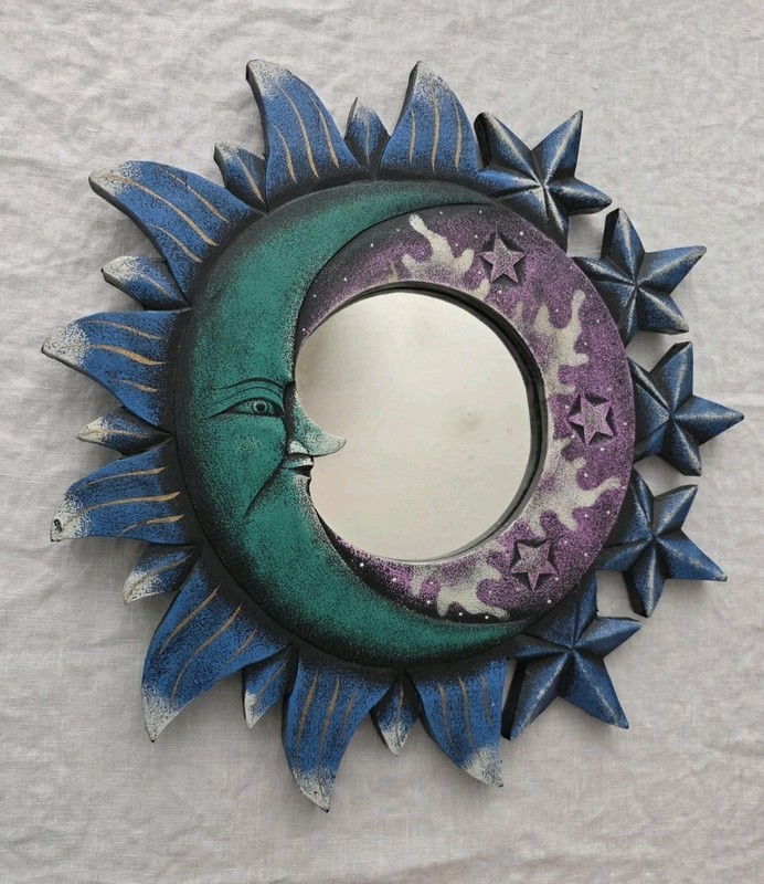 Celestial Mirror Sun Moon Stars Wooden VTG Hand Painted 90s 15″ Whimsigoth Witch
