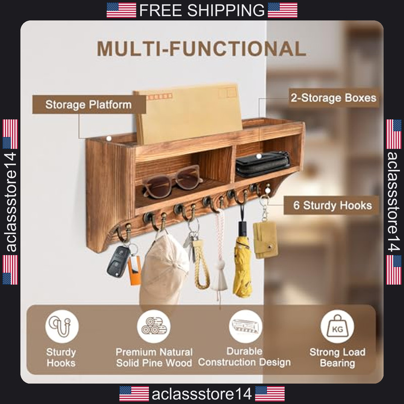Key Holder Wall Mount Mail Organizer with 6 Hooks Sunglasses and Leash Storage gallery