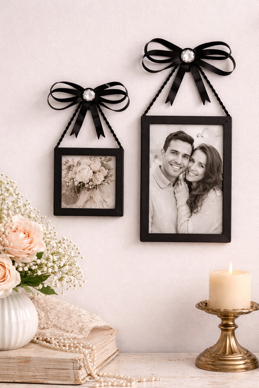 Hobby Lobby Coquette Bow Picture Frames Set 4×4 & 4×6 Black Rhinestone NEW