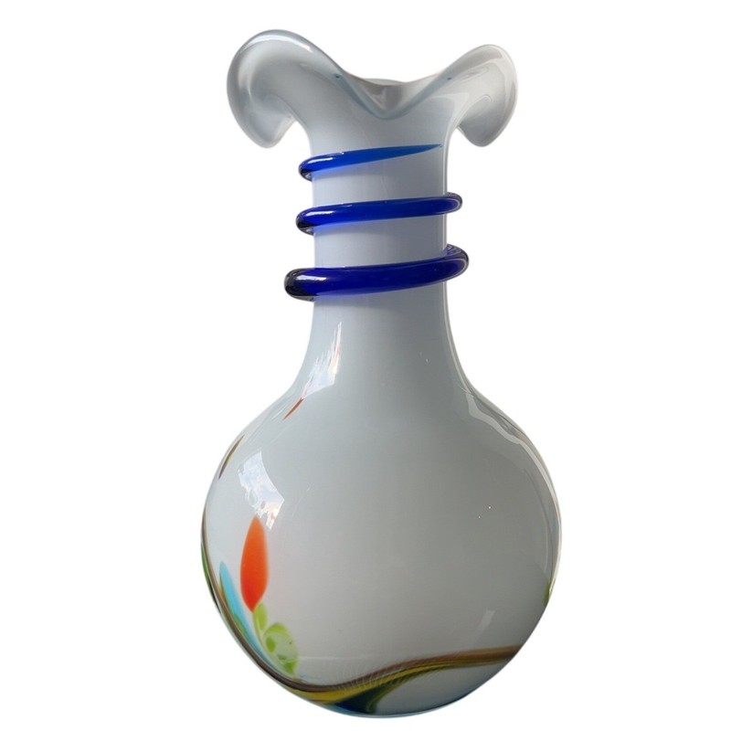 MCM Murano Art Glass Ruffled Top Vase w applied cobalt blue roping and handle gallery