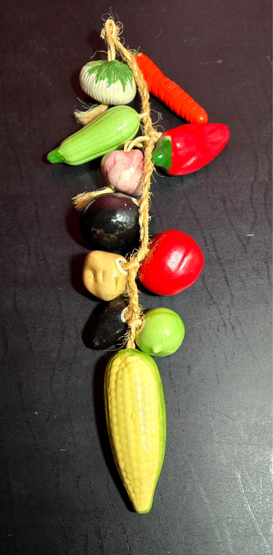 Vintage Ceramic Vegetables on Braided Rope Hanging Decor 24″ Long/11 Pcs.
