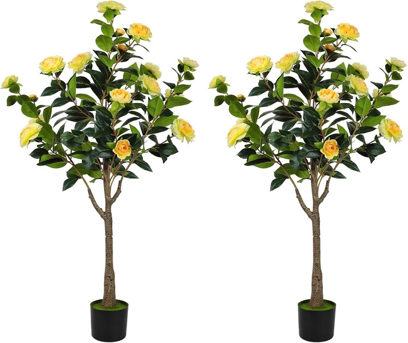 2PCS Fake Plant, 4FT Artificial Camellia Flowers Tree Home Decor for Livingroom