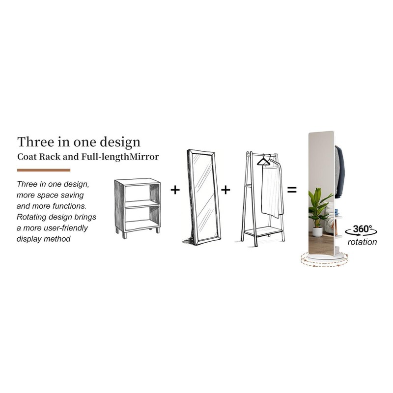 Solid Wood 69”x16” Rotating Mirror & Coat Rack - Space-Saving Solution for gallery