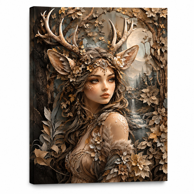 Deer Goddess Canvas Wall Art Fantasy Antler Woman Woodland Floral Boho Home Deco