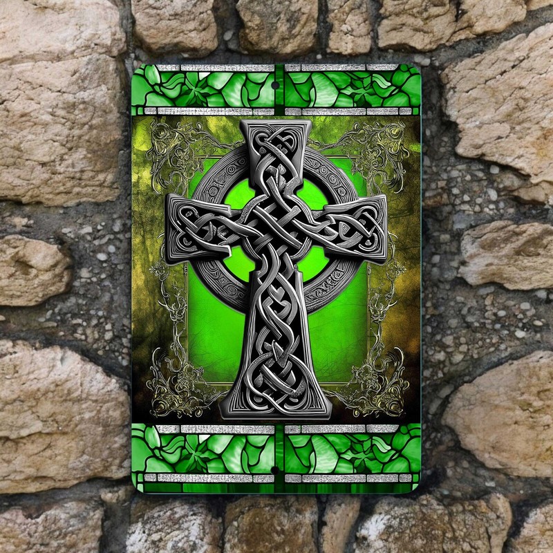 Celtic Cross Metal Sign – Irish Knotwork Wall Art – 8×12 St Patrick’s Day Decor