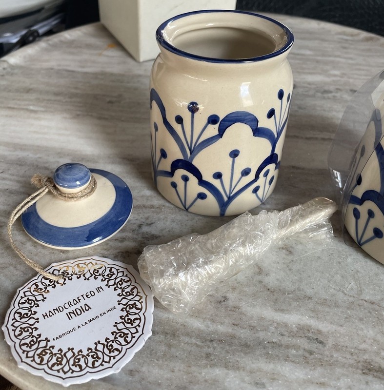 Set of Two Decorative Or storage Hand Painted Jars with Matching Lids And Spoons gallery