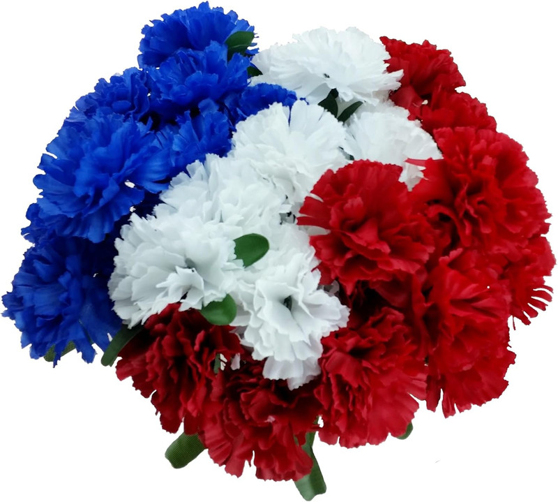 6 Patriotic Artificial Carnations Bushes. 42 Heads/Stems. Red White and Blue Flo