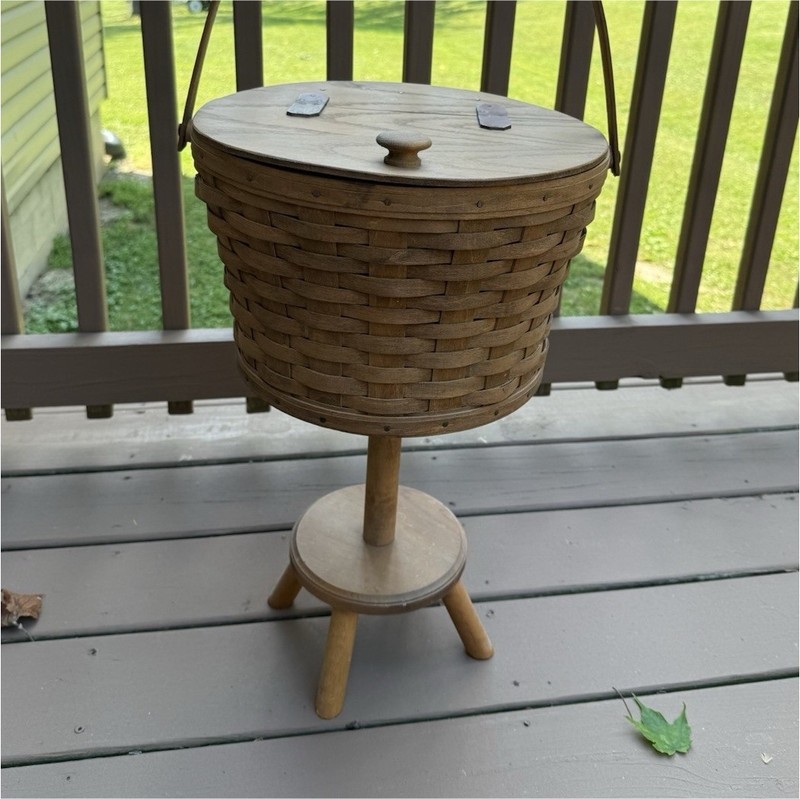 Vintage 1983 Longaberger Sewing Basket w/ Wood Lid Handle Stand 3200-N