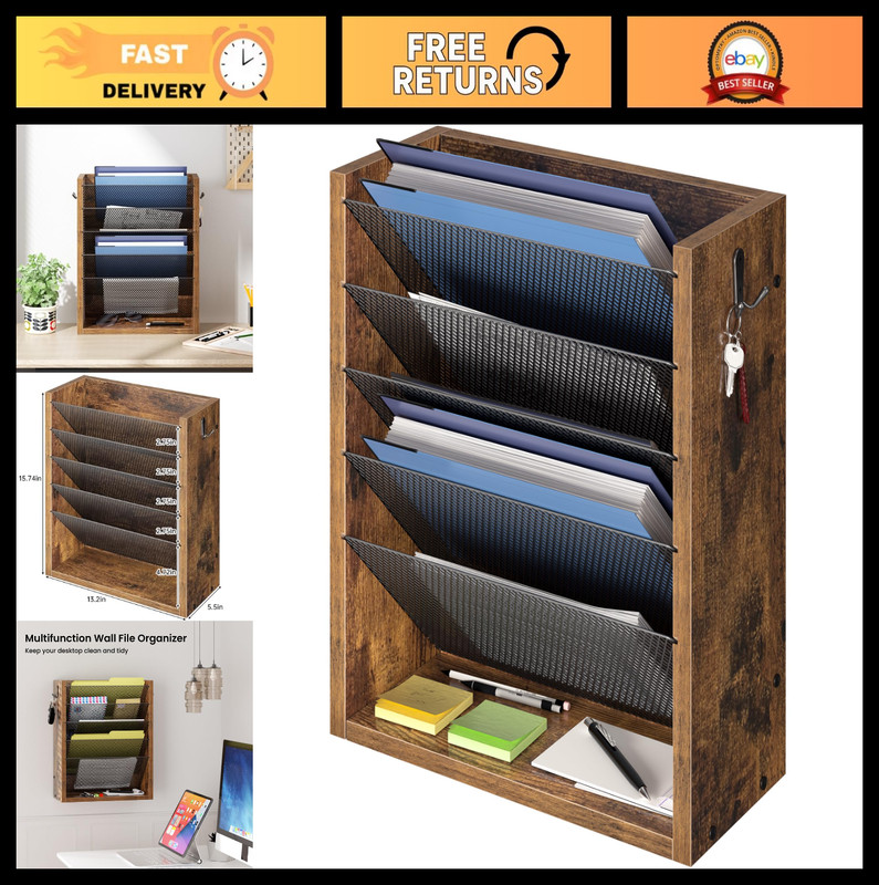 6-Tier Wall Mounted Mail Organizer with Hooks, Wooden Desk File Holder, Rustic B