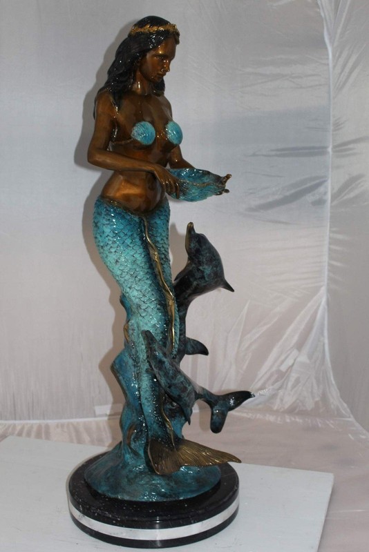 Mermaid with 2 dolphins Bronze Statue - Size: 14"L x 14"W x 28"H. gallery