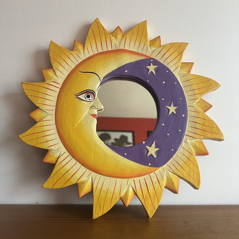 Vintage 90s Celestial Sun Moon Stars Mirror 12in Hand Painted Whimsygoth Purple