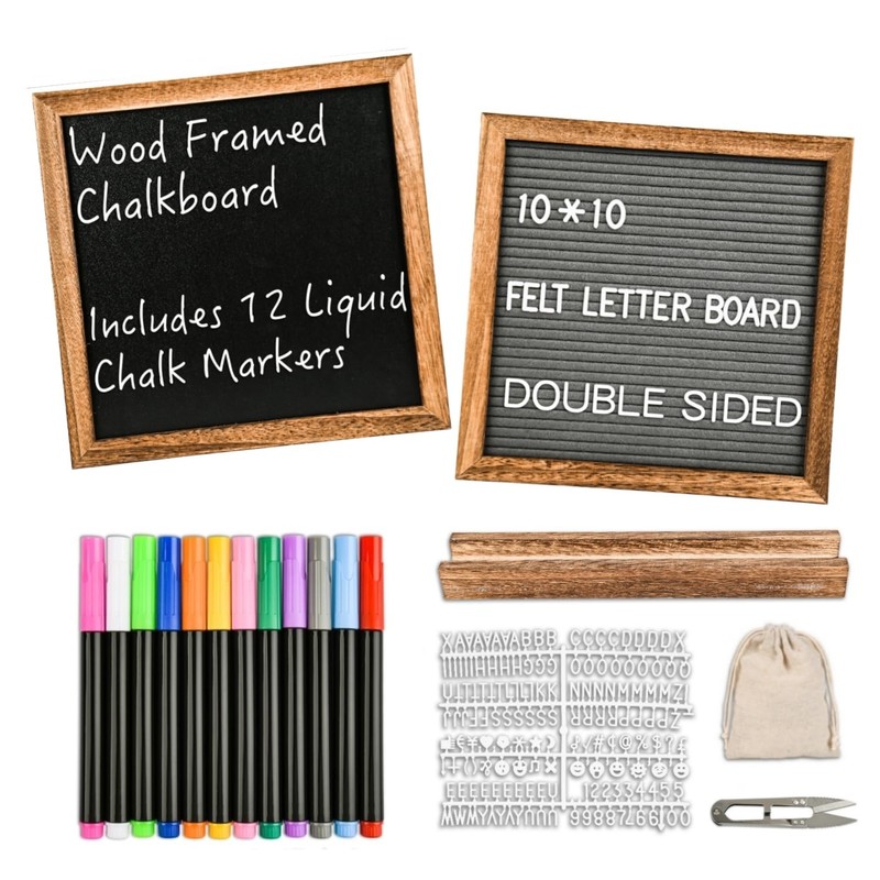 10×10 Inch Double Sided Chalkboard Sign Stand 12 Markers 340 Letters Brown