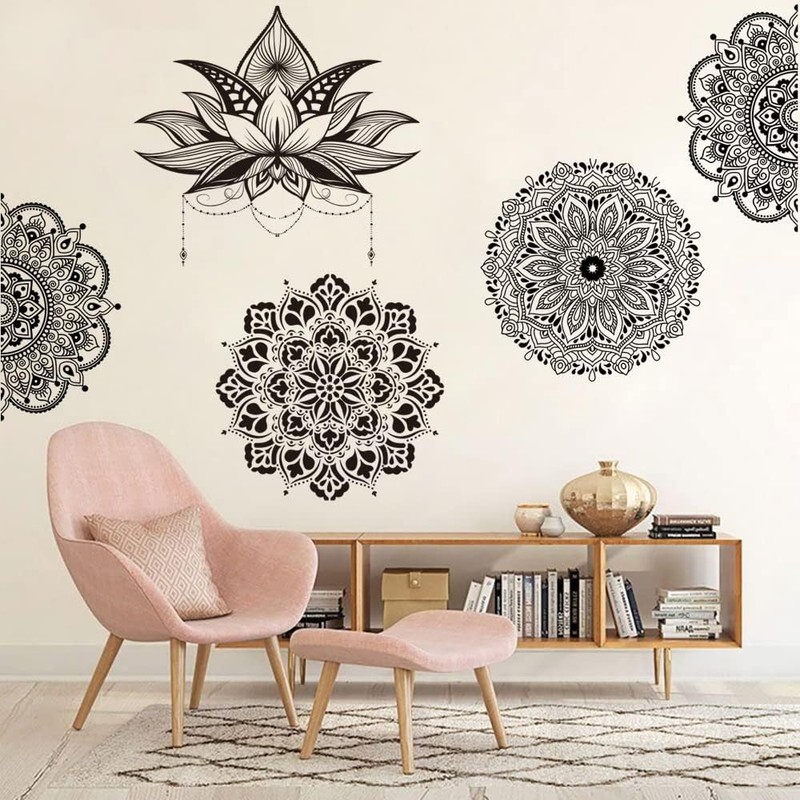 Mandala Flower Wall Art Sticker Black Boho Lotus Floral Wall Decal for Living