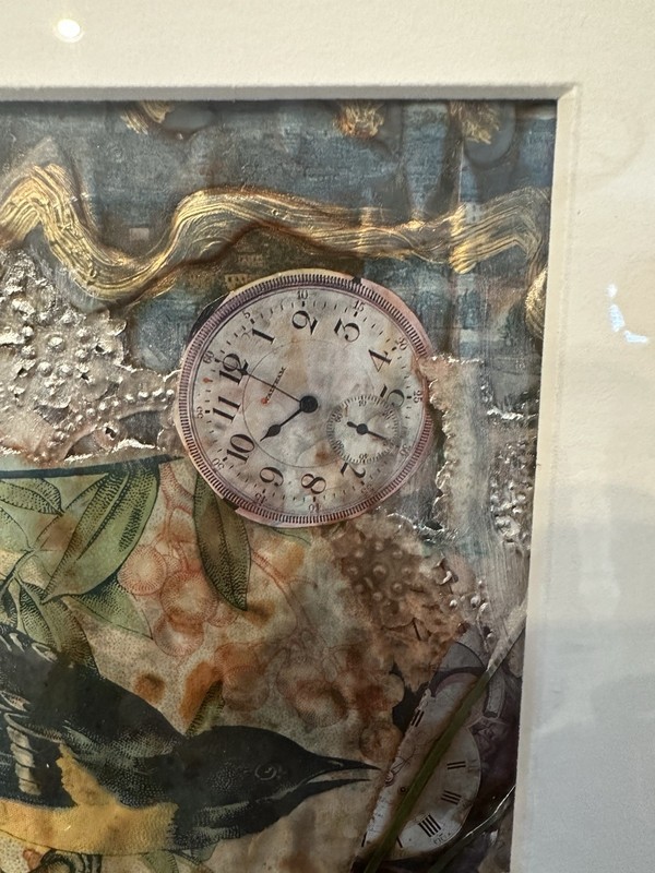 Linda Ely Mixed Media 3D Collage “Spring” Bird Clocks Textured Framed Art 11x14 gallery