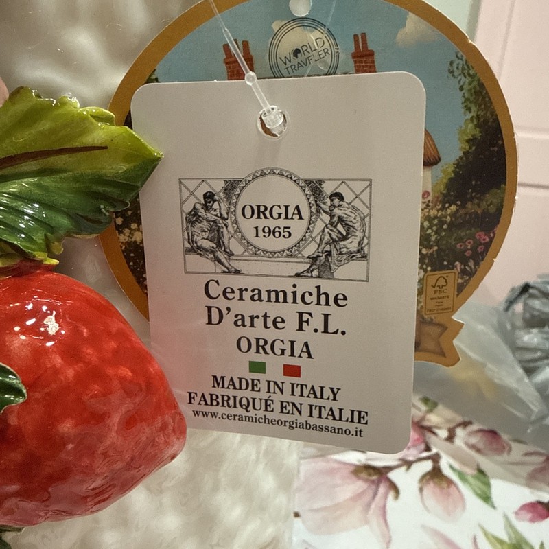 Orgia Bassano Ceramic Hand-Painted Basket Strawberry 3D Design Italy NWT 13.5” gallery