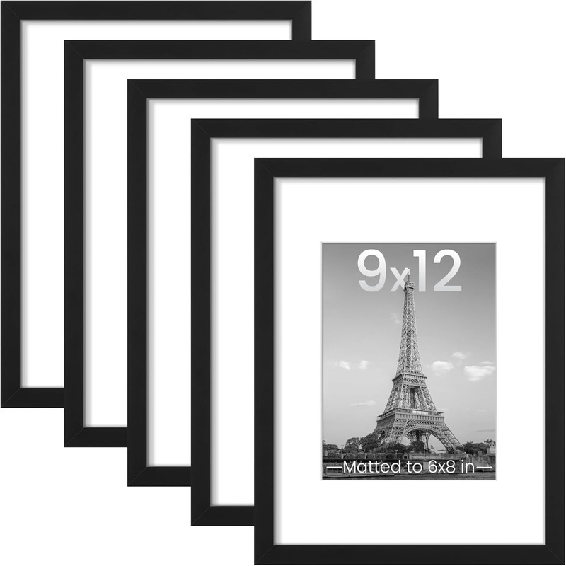 9×12 Black Picture Frames Set of 5 for 6×8 Photos with Mat or 9×12