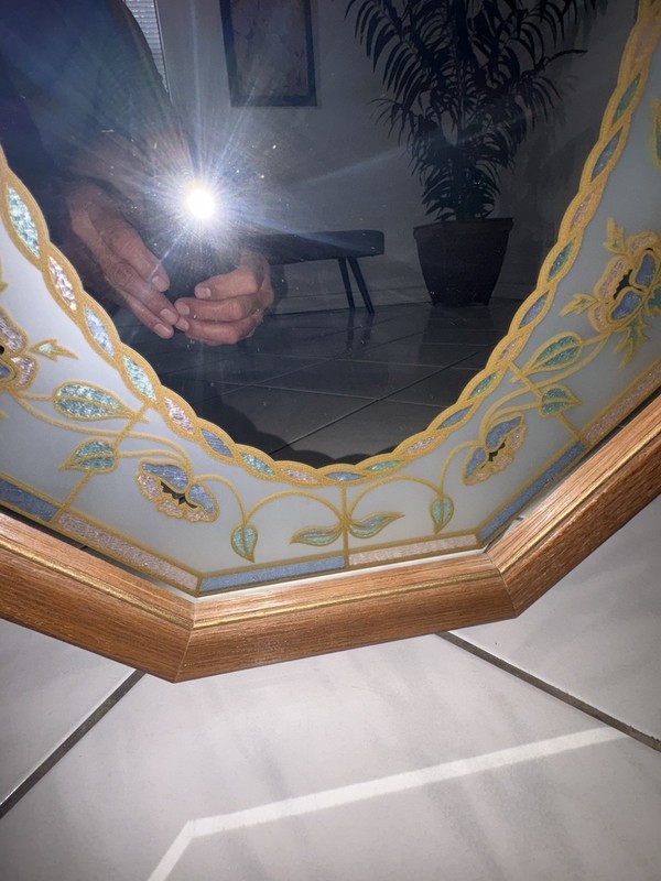 Vintage 80's Octagonal Floral Etched Mirror Retro Stained Glass Wood Frame Pink gallery