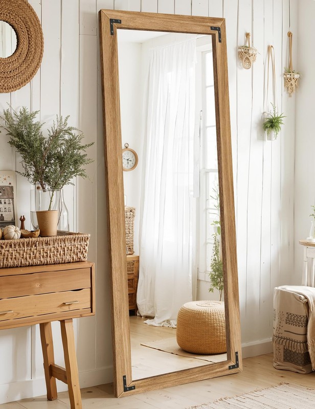 Full Length Mirror with Wooden Frame, 65"X24" 65"L x 24"W, Brown gallery