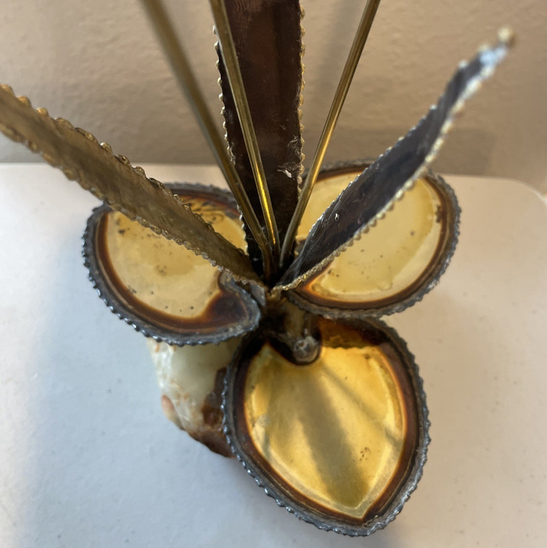 Vintage Brass & Copper Cattails & Lily Pad Sculpture Stone Base Signed 13" Tall gallery