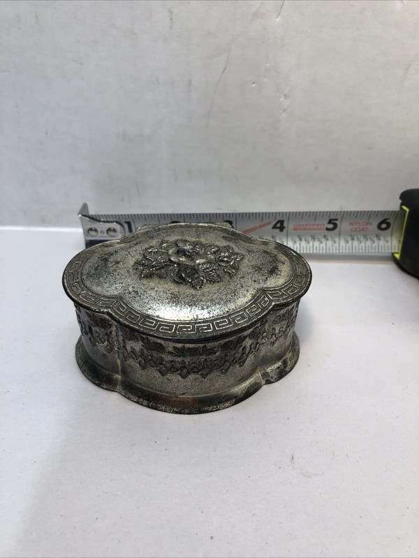 Vintage Silver Tone Small Floral Embossed Trinket Box Container Hinged Lid Japan