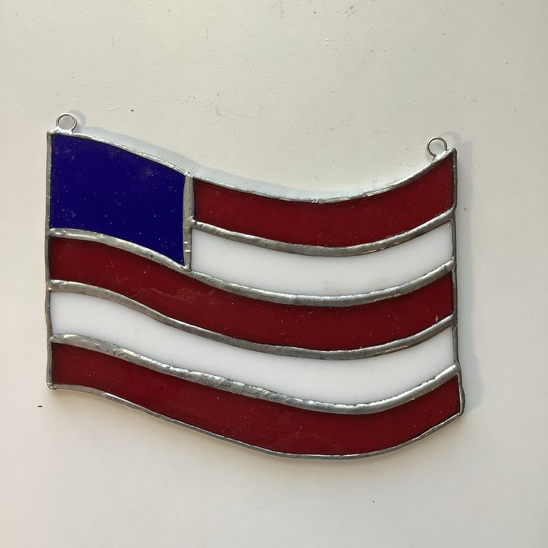 Handcrafted Stained Glass American Flag Suncatcher 2 Top Loops For Hanging