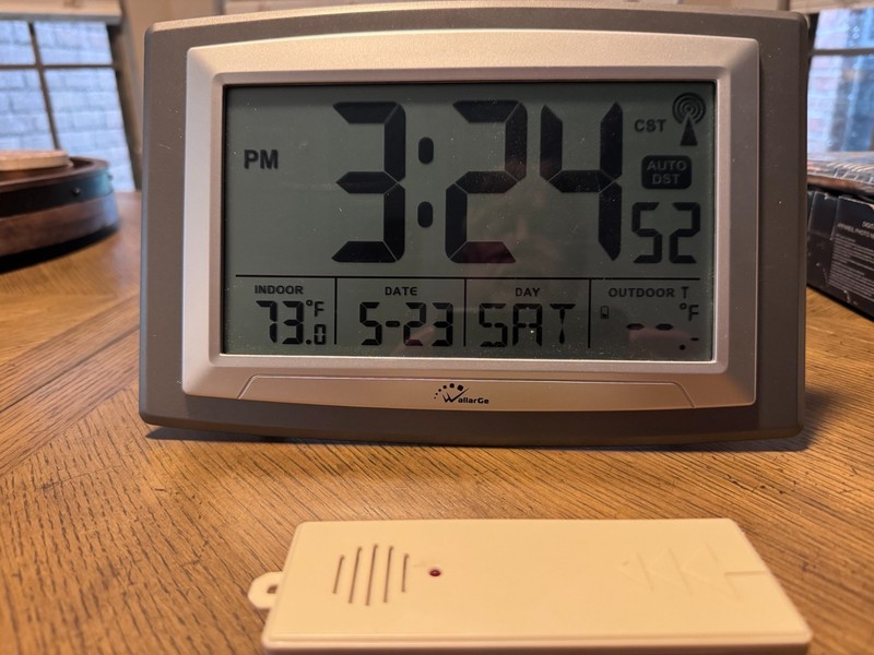 WallarGe Atomic Clock with Outdoor and Indoor Temperature - 12.5 Inch Self-Setti