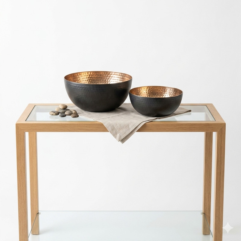 2Pc Decorative Bowl Hammered Copper Metal India Home Decor Center Piece Modern