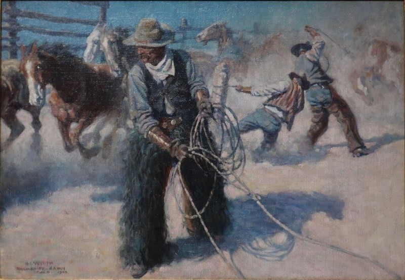 N. C. Wyeth 1904 Print – Roping Horses in the Corral Western Cowboy Ranch Decor