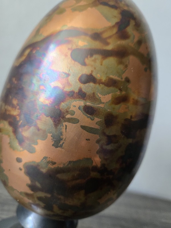 Vtg MCM Brass Egg Sculpture 8.5" - Flame Patina Iridescent Rainbow India 2lb+ gallery