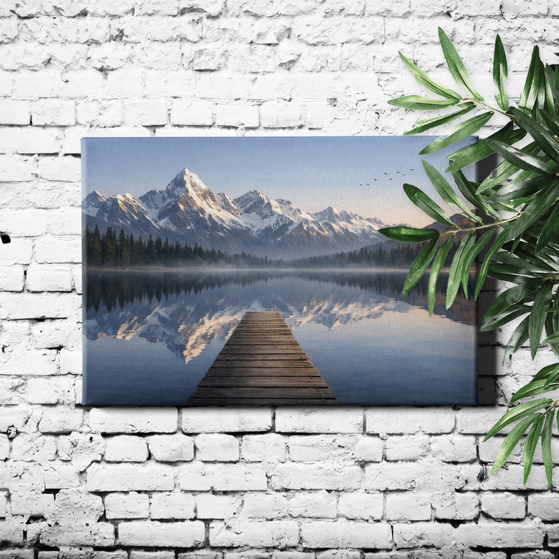 Panoramic Mountain Lake Canvas Art Pier Leading Into Snowy Peaks