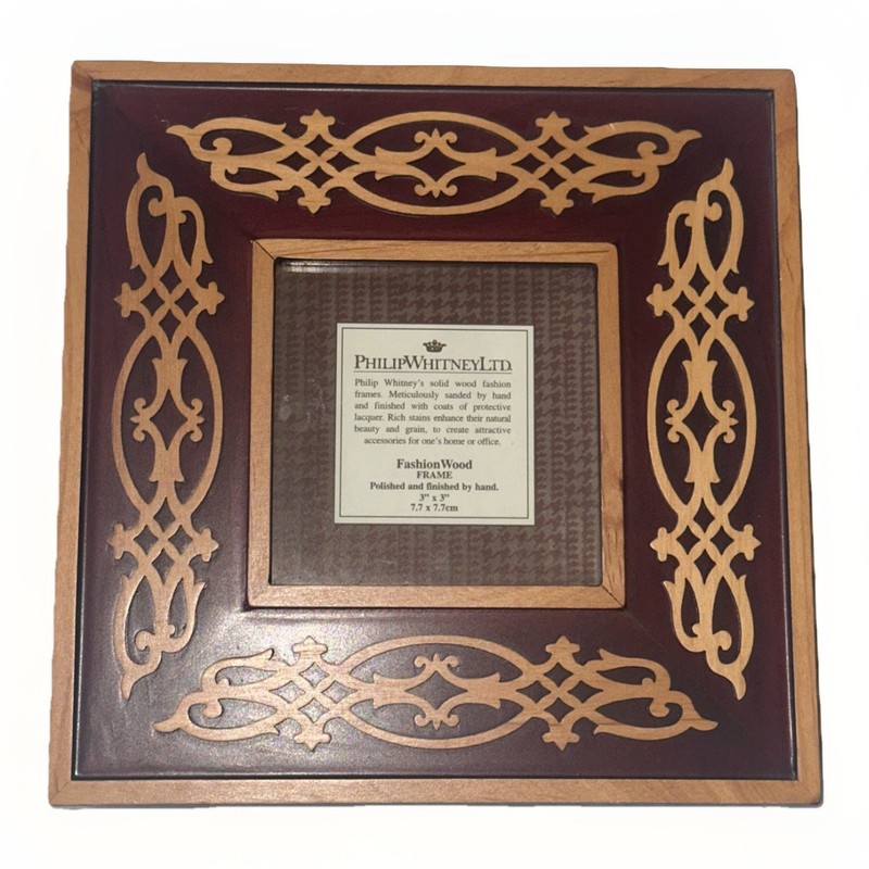NEW Philip Whitney Rosewood Blond Wood Overlay Cutout Pattern Photo Frame 3”x 3”