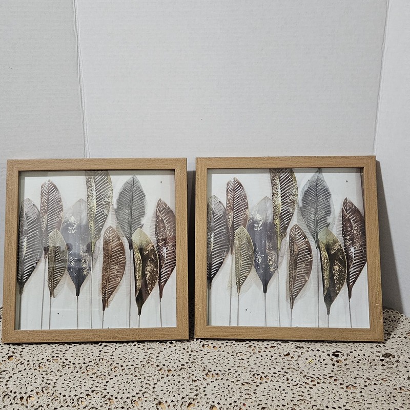 Lot Set 2 Art Rustic Leaves Wall Art Framed Nature Botanical Home Decor New 11.5