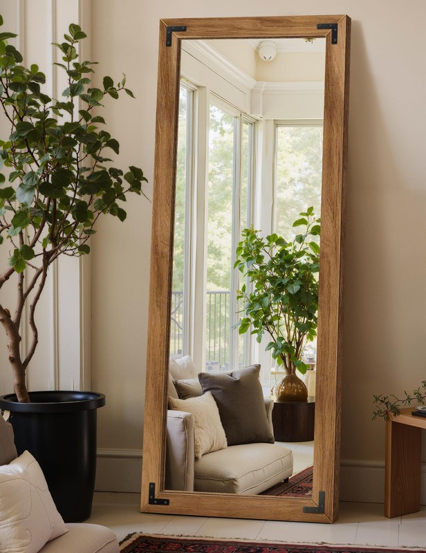 Full Length Mirror with Wooden Frame, 65″X24″ 65″L x 24″W, Brown