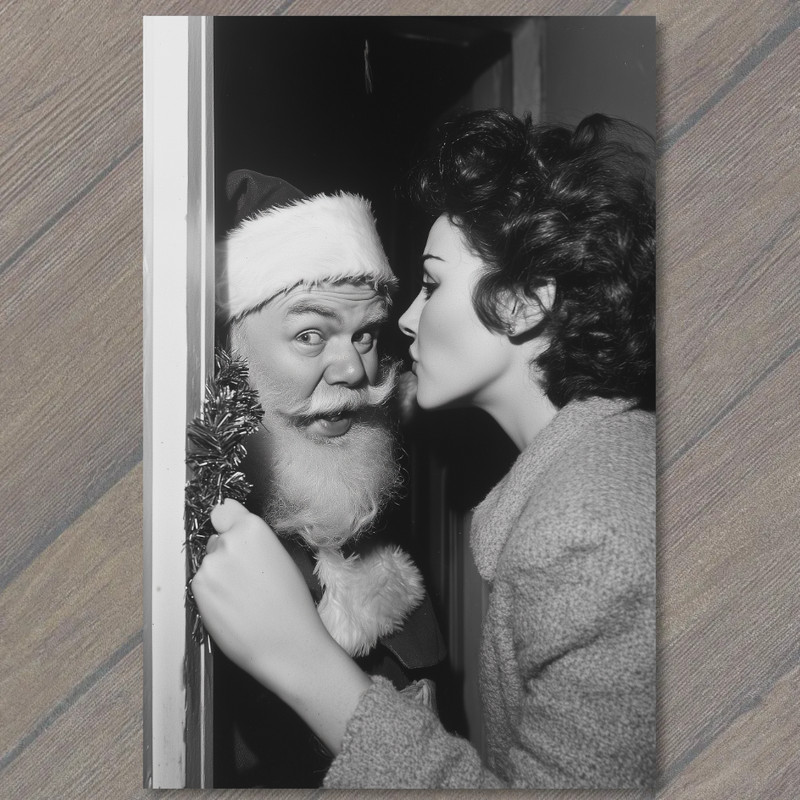 Art Print Santa Claus Startled Woman FunnyRetro Vintage Look Holiday Photo Funn