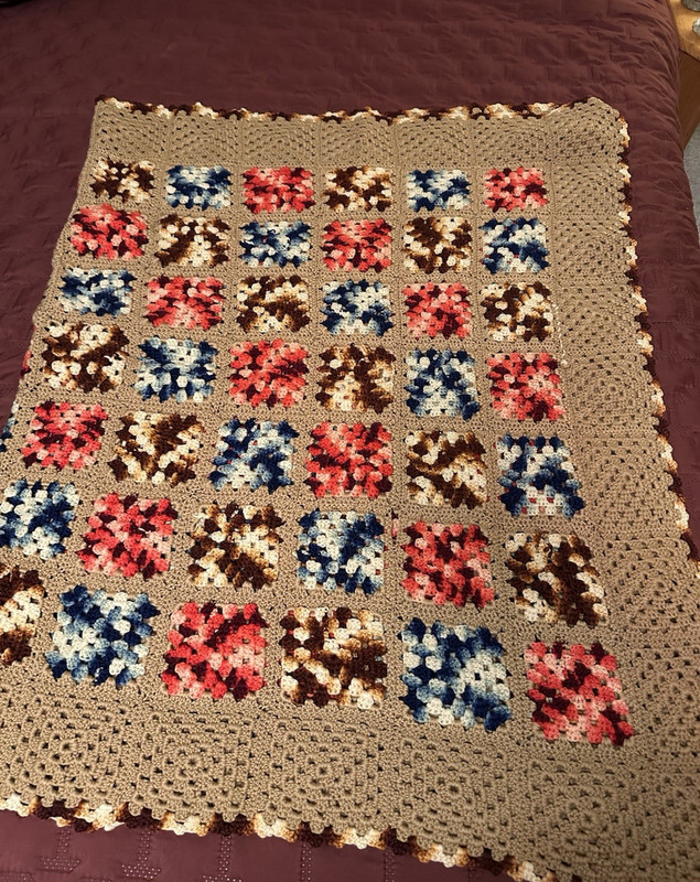 Handmade Crochet Granny Square Afghan Throw, Beige Bordered Multicolor 64”x70”