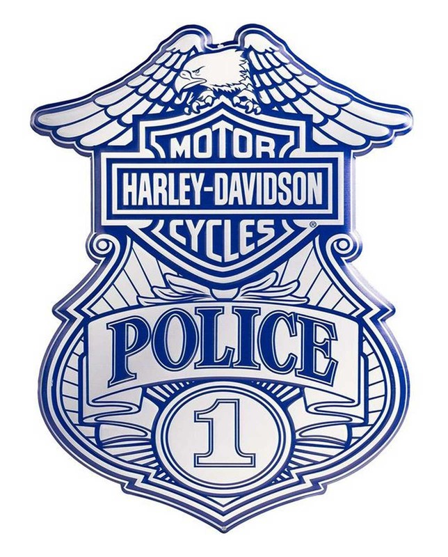 Harley-Davidson Embossed Police Shield Metal Sign, Custom Shaped Blue & Gray