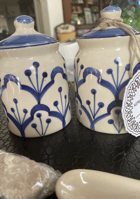 Set of Two Decorative Or storage Hand Painted Jars with Matching Lids And Spoons gallery