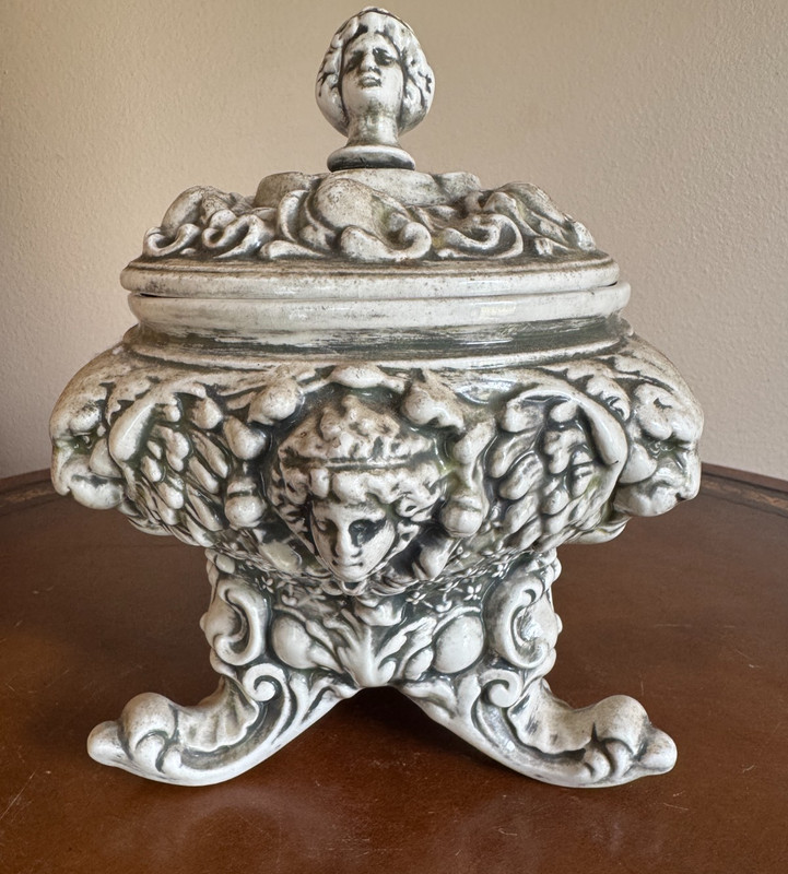 VTG Mythical Cherub & Lion Head 3 Footed Trinket Dish w/ Lid Artist Signed