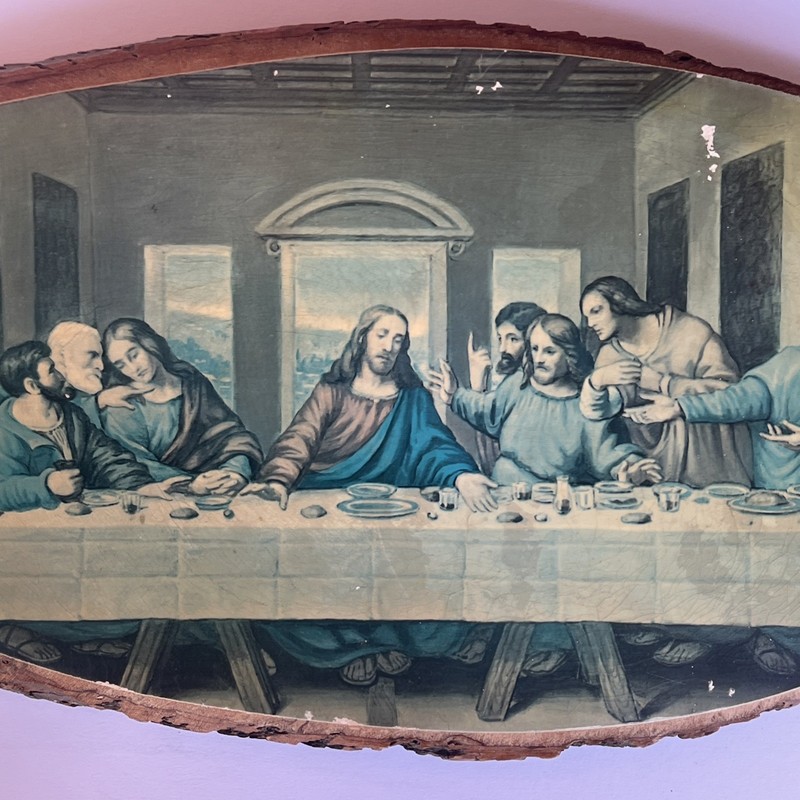 VTG Last Supper Wood Slab Wall Plaque 16.5” Live Edge Bark Rustic Crackle Jesus gallery