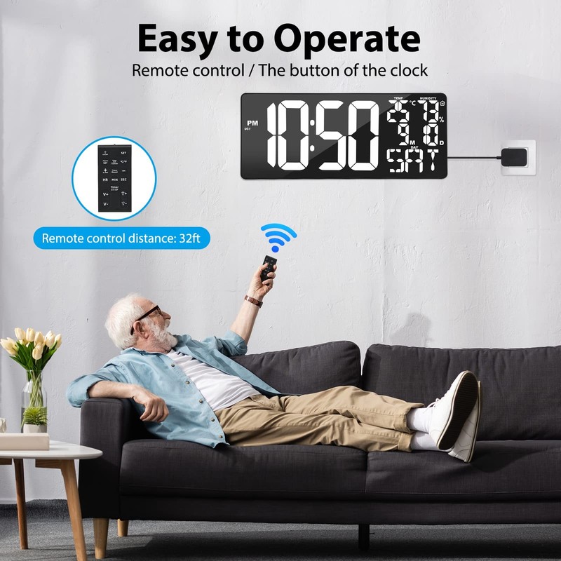 18 Inch Oversized Digital Wall Clock Remote Temperature Date White LED gallery