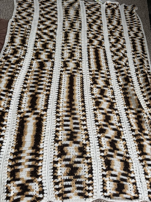 Vintage 70s Handmade Crocheted Afghan Blanket Brown Tan Gold White 73x62